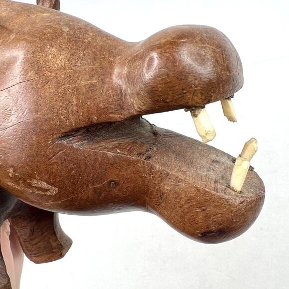 Vintage Hand Carved African Wood Hippopotamus With Teeth - Picture 8 of 10